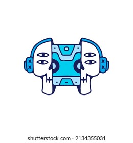 Two half of skull head earphone with cassette tape inside, illustration for t-shirt, street wear, sticker, or apparel merchandise. With doodle, retro, and cartoon style.