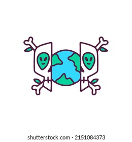 Two half of skull head with earth planet inside, illustration for t-shirt, street wear, sticker, or apparel merchandise. With retro and cartoon style.