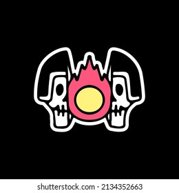 Two half of skull head wearing helmet with fireball inside, illustration for t-shirt, street wear, sticker, or apparel merchandise. With doodle, retro, and cartoon style.