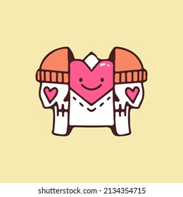 Two half of skull head wearing beanie hat with love letter inside, illustration for t-shirt, street wear, sticker, or apparel merchandise. With doodle, retro, and cartoon style.