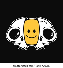 Two half of skull with smile face  inside. Vector hand drawn doodle 90s style cartoon character illustration. Trippy smile face skull print for t-shirt,poster,card concept