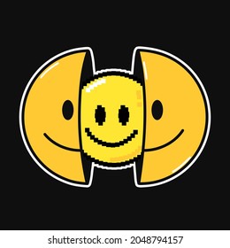 Two half of smile face with 8 bit pixel art. Vector hand drawn doodle cartoon character illustration. Smile smiley face,lsd,pixel art print for t-shirt,poster,card concept