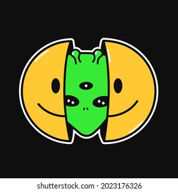 Two half of smile face with alien head inside. Vector hand drawn doodle cartoon character illustration. Isolated on white background. Smile face,alien head,ufo print for t-shirt,poster,card concept