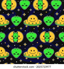 Two half of smile face with alien inside,ufo seamless pattern. Vector hand drawn doodle cartoon character illustration.Smile face,alien in head print for t-shirt, poster seamless pattern concept