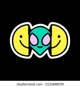 Two half of smile face with alien head inside. Illustration for t shirt, poster, logo, sticker, or apparel merchandise.
