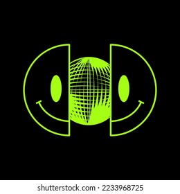 Dos medias de sonrisa cara y esfera terrestre. Dibujo de personajes de dibujos animados de estilo neón digital moderno vectorial.Cara sonriente, tecno, impresión trippy para camiseta, tee, póster, concepto de pegatinas