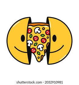 Two half of smile face with pizza inside. Vector hand drawn doodle cartoon character illustration. Isolated on white background. Smile face,pizza slice print for t-shirt,poster,card concept