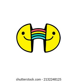 Two half of smile face  with rainbow inside. Illustration for street wear, t shirt, poster, logo, sticker, or apparel merchandise. Retro and pop art style.