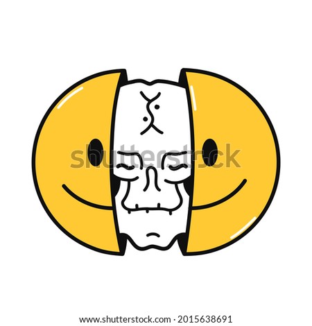 Two half of smile face with skull inside. Vector hand drawn doodle cartoon character illustration. Isolated on white background. Smile smiley face,skull in head print for t-shirt, poster, card concept