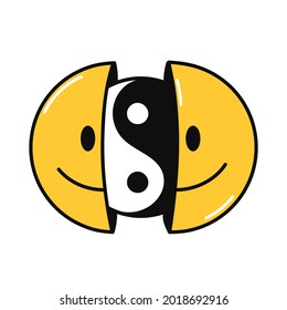 Two half of smile face with Yin Yang inside. Vector hand drawn doodle 90s cartoon character illustration. Isolated on white background. Smile smiley Yin Yang face print for t-shirt,poster,card concept