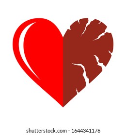 Two halfs of red cracked heart icon isolated on white background. Heart shape with cracks and ragged edges. Symbol of unhappy love, emotional experience or painful condition. EPS8 vector illustration.