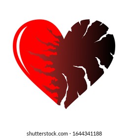 Dos mitades de ícono de corazón rojizo aislado en fondo blanco. Forma cardíaca con grietas y bordes rasgados. Símbolo de amor infeliz, experiencia emocional o condición dolorosa. Ilustración vectorial EPS8.