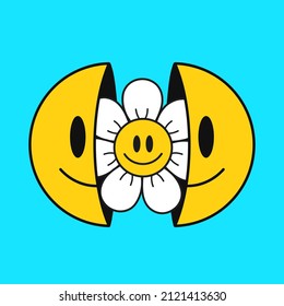 Dos mitades de sonrisa cara con chaflán en el interior. Ilustración de personaje de dibujos animados. Aislado sobre fondo blanco. Cara de sonrisa emoji, flor chamomile, impresión positiva para camiseta, concepto de afiches