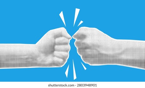 Two halftone fists bumping with impact effect on blue background. Retro pop art style, suitable for teamwork, sport, and motivation content.