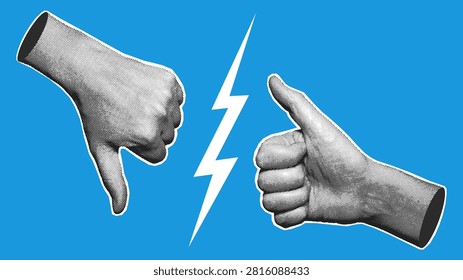 Two halftone hands showing thumbs up and thumbs down split by lightning bolt on blue background. Vector illustration for rating, opinion clash, and opposing views concepts.