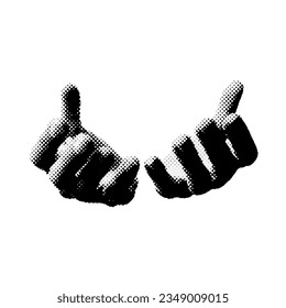 Two halftone hands. Vector illustration with gestures of hands with halftone effects for decoration of retro banners and vintage postres.