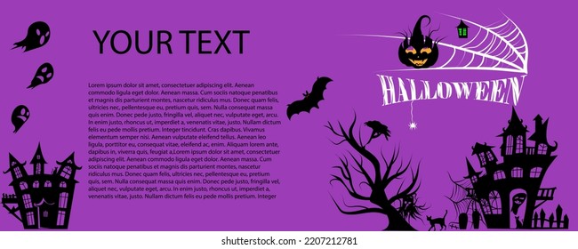 Two Halloween banners with candies, bats and pumpkins on purple background. Trick or treat.