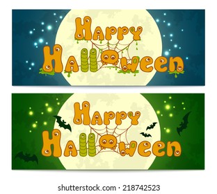Two halloween banners with full moon, bats and with cute funny hand drawn lettering. Halloween vector illustration for banner, poster, wallpaper or flyer design.