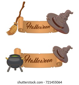 Two Halloween banners, isolated on white background. Holiday banners with broom, pot, potion, witch's hat for web banner, poster, greeting card, party invitation. Cartoon style. 