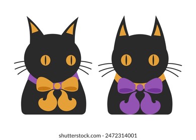 Dos gatos negros de Halloween, pegatinas decorativas, símbolos de mal augurio y desgracia. Ilustración vectorial.