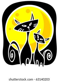 Two Halloween black cats and moon on a blue background.