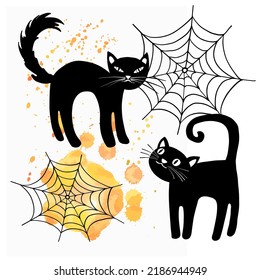 Two Halloween black cats with spider web. Hand drawn sketch style. Vector illustration.