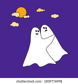 Dos fantasmas de Halloween se abrazan volando en el cielo.