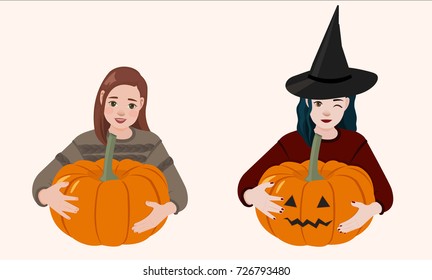 Two Halloween girls holding pumpkins