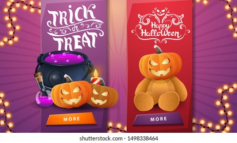 Two Halloween greeting templates for your creativity in the Foma vertical ribbons with witch's cauldron, pumpkin Jack and Teddy bear with Jack pumpkin head