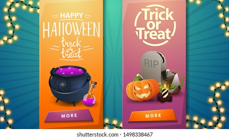 Two Halloween greeting templates for your creativity in the Foma vertical ribbons with witch's cauldron with potion, tombstone and pumpkin Jack