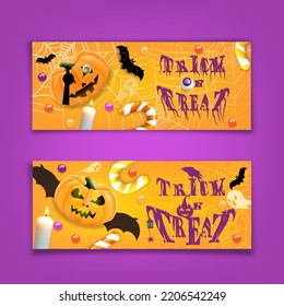 Two Halloween horizontal banners with candies, bats and pumpkins on orange background. Trick or Treat. Halloween banner template with realistic Jack O Lantern pumpkins.