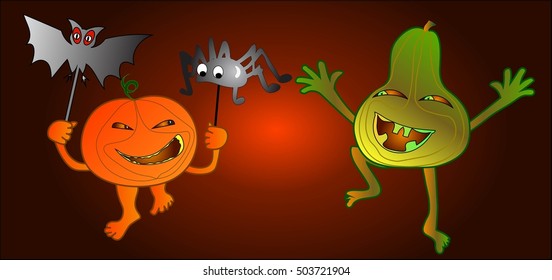Two Halloween Jumping and Laughing Pumpkins with Bat and Spider