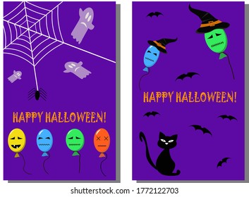 Two halloween party flyer. Vector illustration on an violet background with a ballons, bat, spider and a cat.