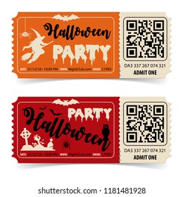 Two Halloween Party Tickets with Witch, Bat, Zombie and Halloween Lettering. Vector illustration