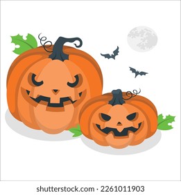 Two Halloween pumpkin head jack lantern on wooden background. Stock vector illustration Halloween pumpkin isolated on a transparent background. Jack o lantern. Witch Hat, candles, spiders. EPS 10