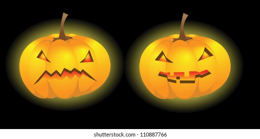 Two Halloween pumpkin lanterns with various expressions, vector illustration