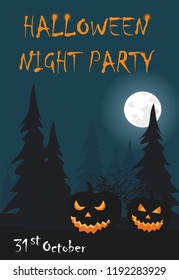 Two halloween pumpkin on night spruce forest  background. Vector Illustration template