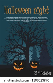 Two halloween pumpkin on night forest background. Vector Illustration template