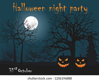 Two halloween pumpkin on night forest background. Vector Illustration 