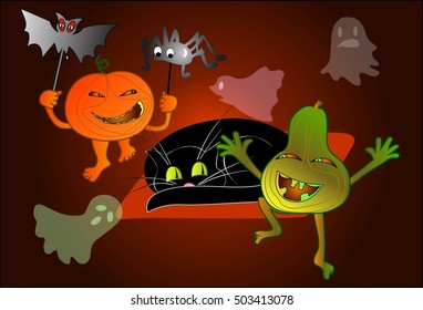 Two Halloween Pumpkins with Bat, Spider, and Three Ghosts Frightening the Black Cat on the Red Mat