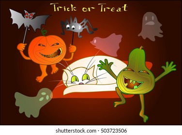 Two Halloween Pumpkins with Bat, Spider, and Three Ghosts Laughing and Jumping around the Frightened White Cat