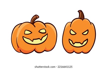 Two Halloween pumpkins colored doodle vector illustration. Isolated on white background