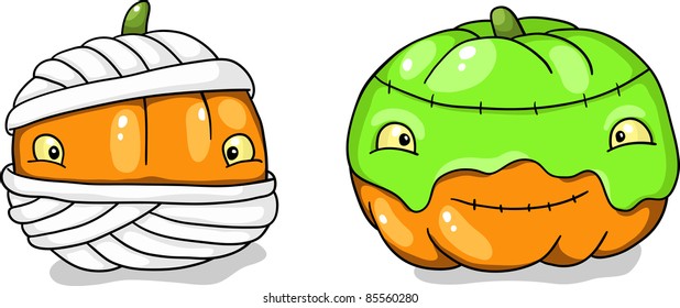Two halloween pumpkins in costumes: mummy and zombie. Vector illustration.