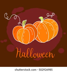 Two Halloween pumpkins, Halloween greeting card, hand drawn vector illustration