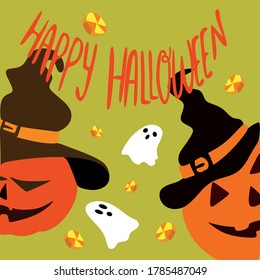 Dos calabazas de Halloween salen de un marco con pequeños fantasmas blancos, un concepto de vacaciones de otoño.Ilustración vectorial