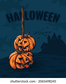 Two halloween pumpkins stuck on the pole. Horror halloween illustration. Happy halloween.