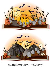 Two halloween scenes at graveyard illustration