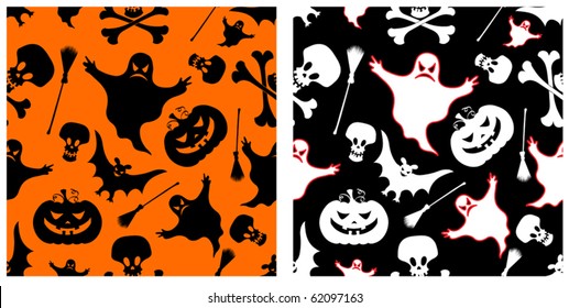 Two halloween seamless patterns. Pumpkin, witches broom, skeleton, bat, skull and ghost. Vector backgrounds.