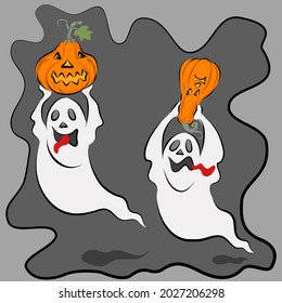 Two Halloween spooky white ghost with long red tongue holding orange scary pumpkin flying on gray scary shadow background, vector drawing