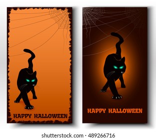 Two Halloween vertical banners with Black Cat. Vector illustration.